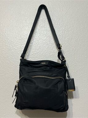 TUMI Voyageur Capri Messenger Crossbody Bag Black Nylon Gold